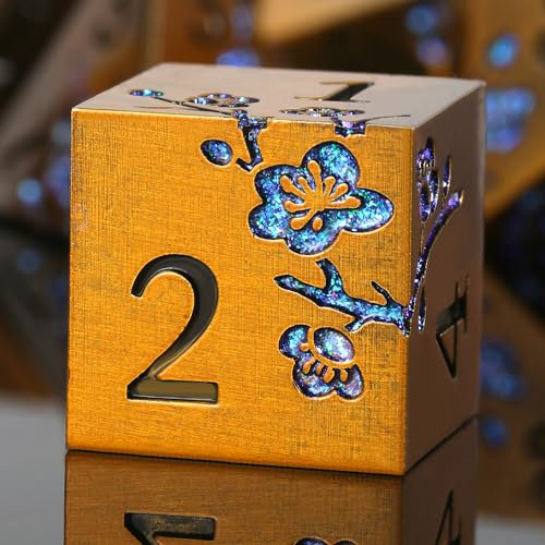 Set di 7 dadi in metallo a forma di dungeons e dragons, con splendida custodia regalo, per giochi da tavolo come DND Dungeons e Dragon (ottone antico con fiori blu)