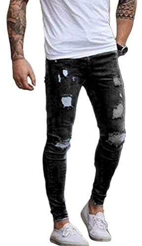 Oanviso Jean Troué Homme Style Hip Hop Détruit Trou Pantalon en Denim Extensible Couleur Unie Jeans Trou Cassé Streetwear Jeans Moulants Trekking Grande Taille J Noir XXL
