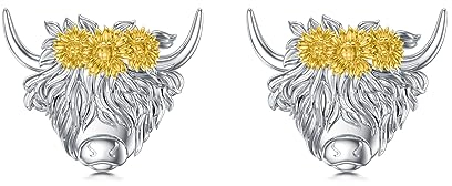 PROESS Highland Cow Ohrringe Schottische Sonnenblumen Ohrringe Highland Kuh Schmuck Cowhead Flauschige Highland Cow Ohrstecker Sonnenblume Schmuck Kuh Geschenke für Frauen Mädchen