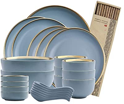 Ceramic Side Plates and Bowls Set Service for 6, Dinnerware Set for Kitchen and Dining, Blue and Gold Trim Plates and Bowls Sets 24-Piece Home Gift