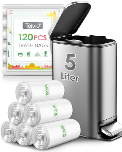 Teivio 5 Liter Small Bin Bags 120 Counts Pedal Bin Liners Thick Plastic Waste Bags for Bathroom, Kitchen, Office, Fit 3-5L Rubbish Bin, Clear
