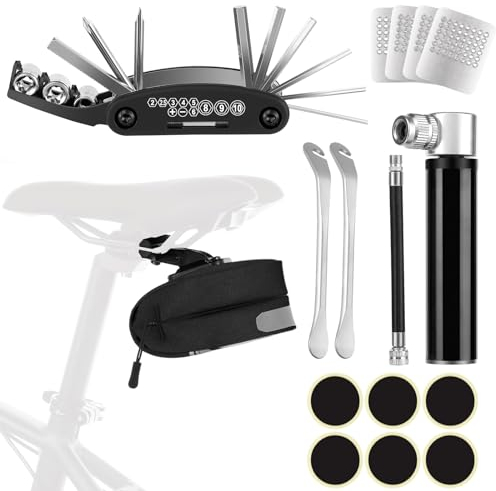 Kapsuen Fahrrad Reparaturset mit Satteltasche - Fahrradwerkzeug für Unterwegs, Klein Fahrradsatteltasche mit 16-in-1-Multifunktionswerkzeug und Fahrradpumpe, Bike Repair Kit