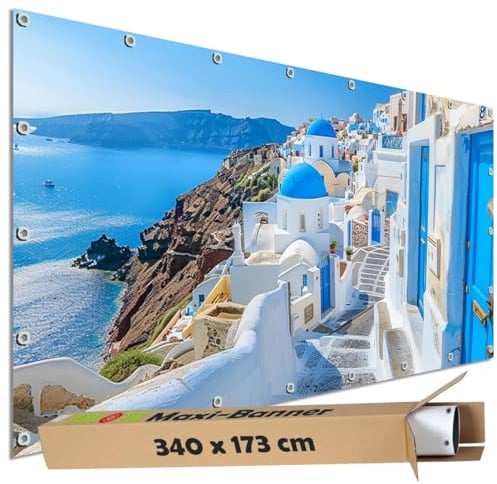 TRIOSK Große Motivplane Sichtschutz Zaunblende mit Motiv Küstenweg Santorini Griechenland Motivbanner Garten Deko Plane Blickdicht für Zaun Terrasse Gartenzaun Zaunplane PVC 340x173 cm