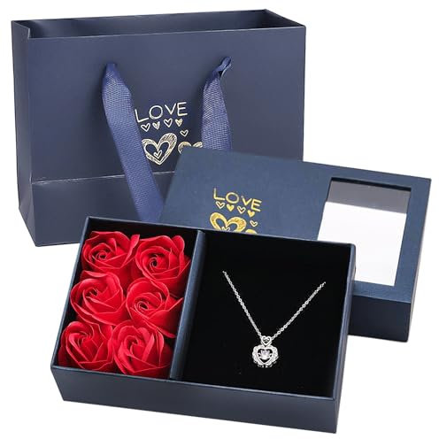 TULEBOLIAN Eternal Flowers Rose Gift Box,Preserved Rose,Rose Gifts,With Necklace,6-Rose Jewelry Box,Artificial Rose Flowers,For Mother,Valentine'S Day,Wife,Birthday