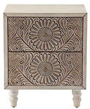 HOMPUS Vintage Nachttisch mit 2 geschnitzten Schubladen, Boho-Beistelltisch, Nachttisch mit 4 Holzbeinen, Kleiner Kommode, Weißer Beistelltisch für Schlafzimmer, Wohnzimmer