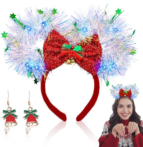 SPERMUOY Glitzer haarreif LED Haarreif,silvester haarreif Weihnachtshaarreifen kopfschmuck Weihnachts mit ohrringe,haarreifen damen weihnachten
