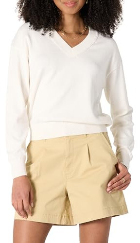 Amazon Essentials Damen Leichter, Kurz Geschnittener Relaxed-Fit-Pullover mit V-Ausschnitt, Eierschalenweiß, M