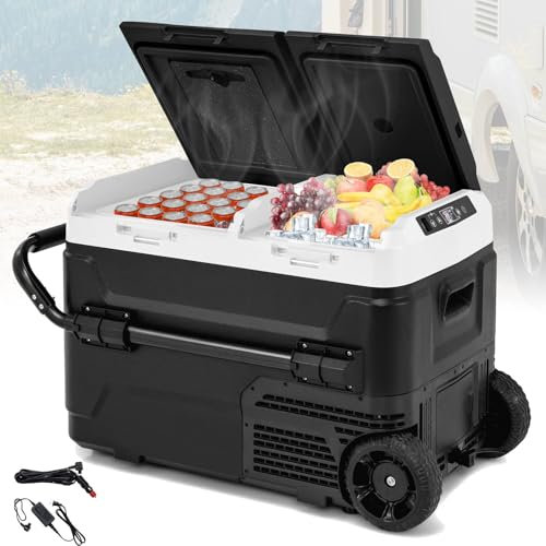 TANGZON 40L Car Refrigerator, 81 Can Dual Zone -20 to 20°C Car Fridge Freezer with 4 Cup Holders, Handle, Wheels, 42QT Compressor Fridge for Home RV Camping, DC 12/24V, AC 100-240V