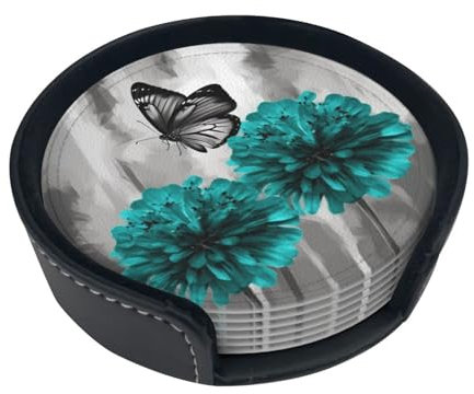 Gray Teal Flower Butterfly Leather Coasters for Drinks Round Coaster Set of 6 Drink Coasters Set with Holder Heat-Resistant Cup Mat for Tabletop Protection Tea Cup Coasters Home Decor