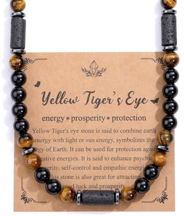 PiercingJak Herren Halskette Tigerauge Obsidian Lavastein Perlen Kette Männer Kristallkette Perlenkette Edelstein Heilsteine Schmuck Amulett Spirituelle Geschenk für Mann, 50.8cm