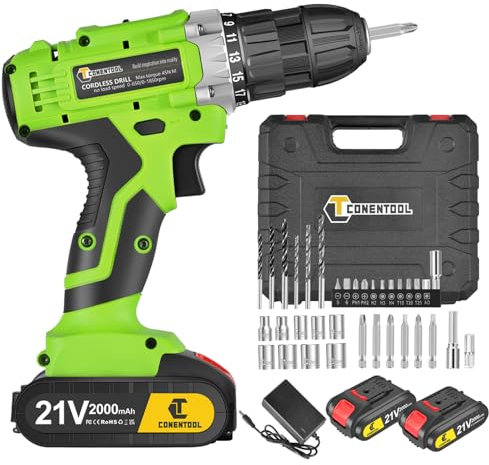 Conentool 21V Cordless Drill Set, Electric Drill with 2 × 2000 mAh Lithium Batteries, 2 Speed Power Drill Torque 25+1, 45 N.m Max Cordless Screwdriver with LED Light, 36PCS Accessories, Green