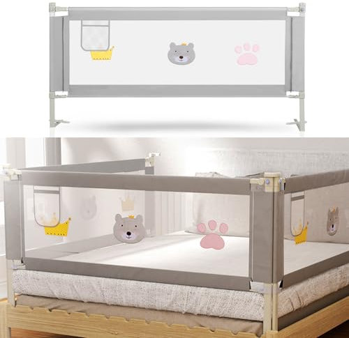 Fiqops Bettgitter Rausfallschutz 200CMx2+180CMx1 Höhenverstellbar 70-98cm, Bettschutzgitter Kinderbettgitter für Kinder & Elternbetten, Stabile, Grau