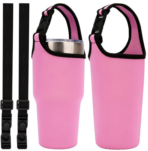 Linkidea - Paquete de 2 portavasos de neopreno con correa compatible con vaso YETI Rambler de 30 oz, vaso Greens Steel Beast de 30 oz, Hydroflask, correa para el hombro (Rosa)