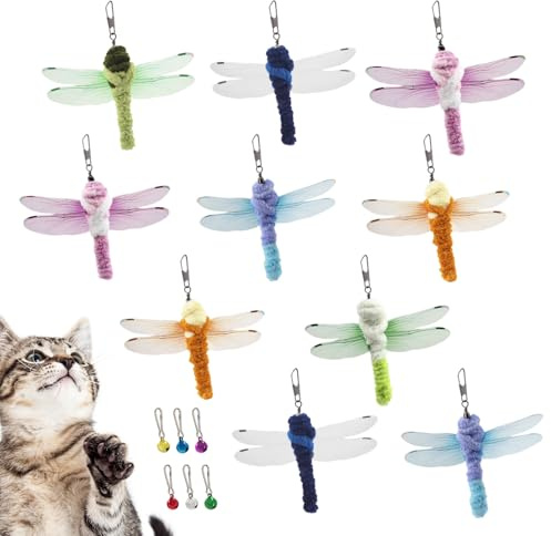 SONGWAY Cat Wand Toy Replacement - 10 PCS Dragonfly Cat Toy Refills, Teaser Wand Attachments, Chew Toys, Interactive Toys for Indoor Cats Kittens
