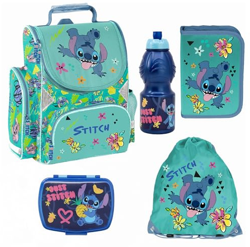 PASO- Schulranzen für Jungen und Mädchen, 3/5/7/14er-Set - Schul-Rucksack für Kinder mit Federmäppchen - Schuhbeutel - Stitch Motiv- 1-3 Klasse