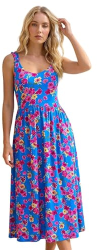 Roman Floral Shirred Strap Midi Dress for Women UK Ladies Spring Everyday Summer Holiday Round Neckline Comfy Sleeveless Soft Fit & Flare Frock Beach Vacation Gowns - Floral Blue - Size 16