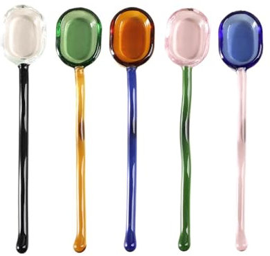 (5 Pieces) Milk Dessert Spoon Colorful Pastoral Transparent Heat-Resistant Glass Cute Long-Handled Coffee Stirring (Mixed)