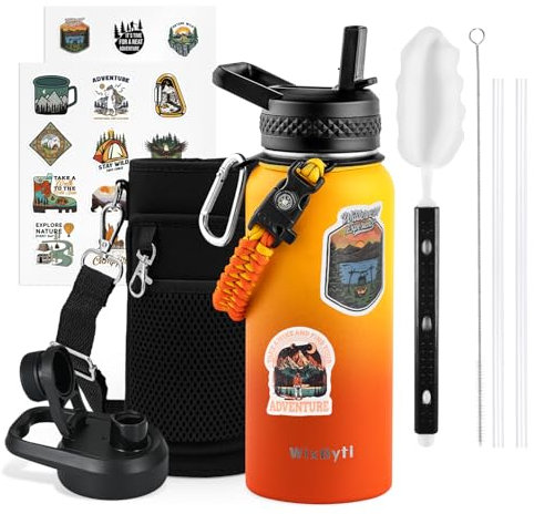 WixByti 32 oz Insulated Water Bottle with Straw (Cold for 48 Hrs), Stainless Steel Triple Wall Vacuum Sports Water Jug, Leakproof Hydro Cup Flask with Paracord Handle & Straw Spout Lids & DIY Stickers