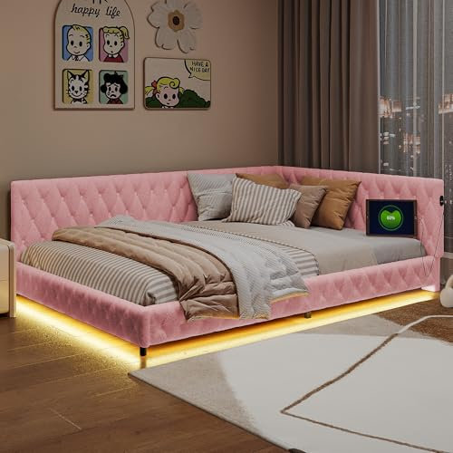 PRTECY Canapé lit 140x200 Lit Banquette 2 Places avec LED et Chargement USB et Type-C Lits Canapé lit Double avec Sommier à Lattes(sans Matelas) (Rose)