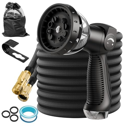 Gartenschlauch Flexibel Ausziehbarer Wasserschlauch mit 10-WegeGartenbrause | 3/4 Zoll & 1/2 Zoll Massive Messinganschlüsse, Knickfester & Dehnbarer Schlauch, Belastbar (Schwarz, 30M)