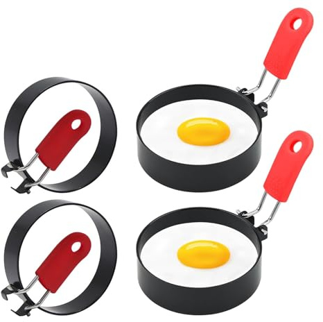 4PCS Egg Ring Stainless Steel Egg Rings with Anti-Scald Folding Handle Non Stick Coating Suitable for Fried Egg McMuffin Sandwiches Frying, Breakfast Household Kitchen Cooking Tool Omelette