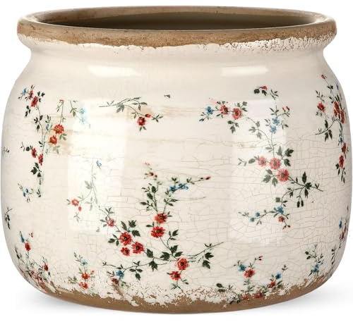 Ninehaoou Großer Keramik-Blumentopf, 19,6 cm, Beige/Rot, Cottage Rose, Craquelé-Glasur, rustikaler Blumentopf, dekorativer Übertopf mit Drainage, für Innen- und Außenbereich, Pflanzen, Zuhause