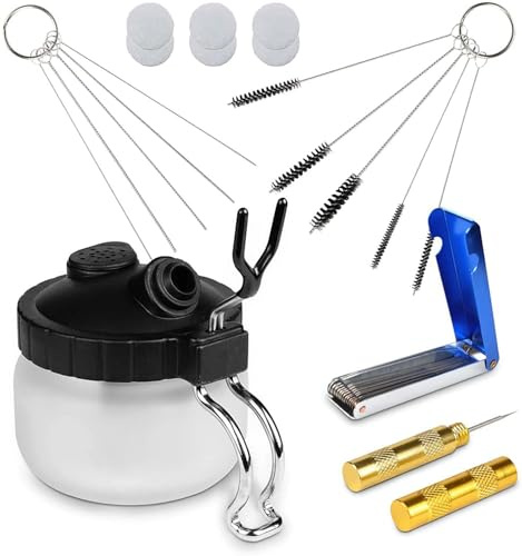 Airbrush Cleaning Kit AILHOMEWELL Airbrush Clean Pot Glass Cleaning Jar with Holder 5pc Cleaning Needles/5pc Cleaning Brushes/1 Wash Needle/6 Extra Filters