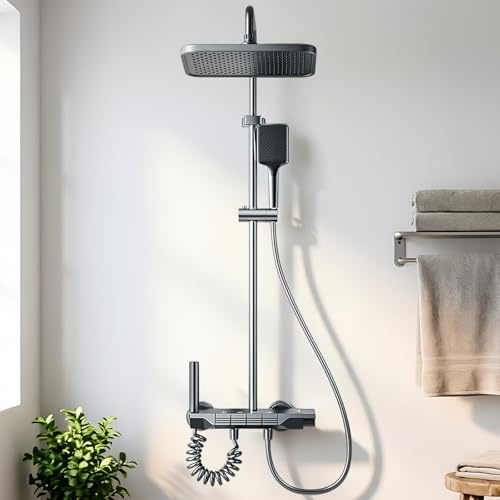 Kinhoou Shower Mixer Set with Adjustable Height, Modern Thermostatic Shower Mixer Kit with Overhead Rainfall, 4 Functions Shower Riser Rail Kits for Bathroom, Grey