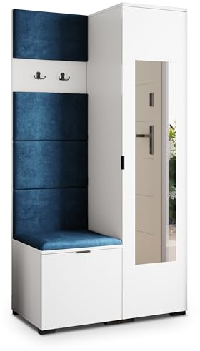 Masseno Flugarderoben Set VIRA, Kleiderschrank-Set mit Spiegel und Sitzbank, Garderobenschrank Flur mit 3 Regalböden, Weiß