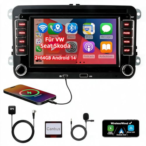 Carplay Autoradio mit Bildschirm für VW Golf 5/6 T5 Caddy Tiguan Polo 6r | 7 Zoll Doppel DIN Radio, Carplay & Android Auto, Android 14, 2+64G, GPS Navi WLAN FM/AM für Passat Touran Seat Skoda
