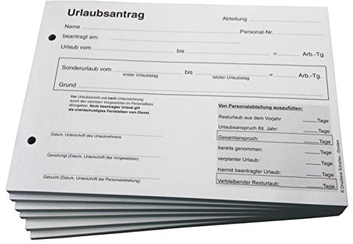 5x Urlaubsantrag - Blocks Urlaubsantrag - Urlaub - DIN A5 quer - 2-fach - durschschreibend 2x50 Blatt - SD (22267)