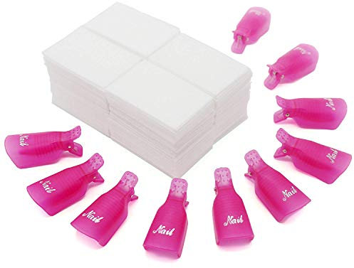 Jiulory Nail Polish Remover Clips Set 10 + 1000 PCS Soak Off Nail Gel Polish Remover Clip Caps 1000 PCS Lintfree Nail Wipes Cotton Pads Wraps for UV Gel Acrylic Nail Polish Removal (Rose Red)