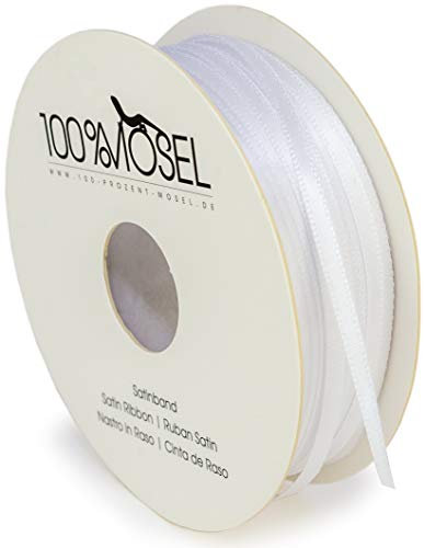 100% Mosel Satinband, in Weiß (3 mm x 100 m), matt glänzendes Geschenkband, edles Schleifenband zum Dekorieren & Basteln, zum Einpacken besonderer Geschenke, für Hochzeiten, Taufen, uvm.