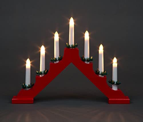 SHATCHI Traditional Wooden Pre-Lit Red Candle Bridge Light 7 Candles Bulbs Mains Window Christmas Tree Home Office Desk Light Holiday Xmas Festive Decoration