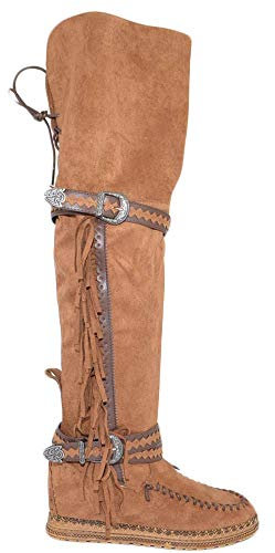 Stivali Donna Indianini Cuoio Scamosciati Alti sopra al Ginocchio Frange Zeppa Interna 5 cm Cinturino Fibbia Moda (39 EU)