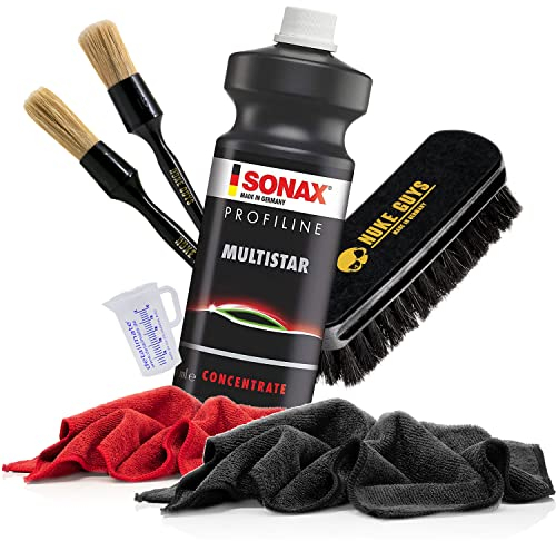detailmate Allzweckreiniger Set: SONAX ProfiLine MultiStar 1L + Nuke Guys Reinigungspinsel Small & Large + Textilbürste + 2X Premium Mikrofasertuch 320GSM + Messbecher