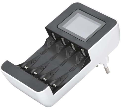 Akku Ladegerät, für AA und AAA (für 1-4 wiederaufladbare NiMh AA oder AAA Akkus, Batterie Ladegerät, LCD Anzeige, Ladeanzeige, Anzeige defekter Batterien) schwarz/weiß