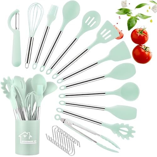 DLD Küchengeschirr Set, 23 PCS Silikon Kochgeschirr Set mit Holzgriff, hitzebeständig, Antihaft Kochgeschirr Zangen Spatel Löffel Set, Geschirrspüler sicher, beste Küchenwerkzeuge