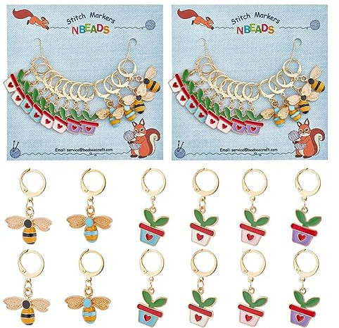 nbeads 24 Stück Biene Topfpflanzen Stich Marker, Legierung Emaille häkeln Stich Marker Charms 304 Edelstahl Verschluss Verriegelung Stich Marker für Stricken Weben Nähen Schmuckherstellung