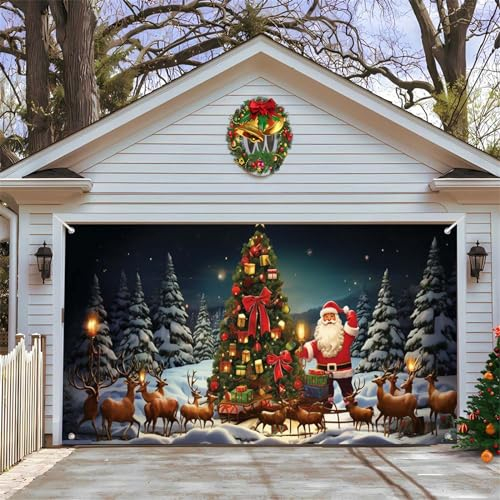 Chickwin Weihnachten Urlaub Garagentor Banner Abdeckung, Große Größe Xmas Frohe Weihnachten Rot Weihnachtsmann Dekorationen für Happy New Year Outdoor Hintergrund (210x480cm,Weihnachtsbaum)