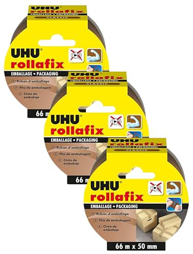 UHU Rollafix - Ruban adhésif d'emballage brun, 66m x 50mm (Lot de 3)