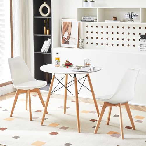 H.J WeDoo Rund Tisch und Stühle Set Esszimmergruppe, Essgruppe Weiß Tisch mit 2 Weiß Stühlen für Esszimmer Küche Wohnzimmer