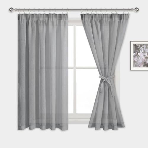 DWCN Voile Curtain Pencil Pleat Curtains with Tiebacks Sheer Curtains for Living Room Rod Pocket 2 Panels, Grey, W46 x L54 Inch