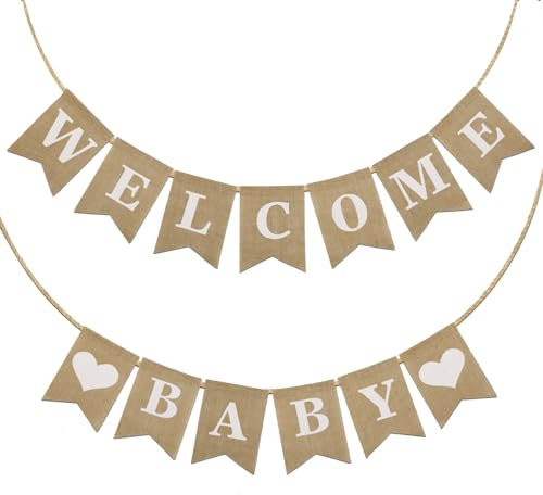 Welcome Baby Banner - Pre-Strung Burlap Sign for Neutral Gender Reveal Party & Baby Arrival Announcement
