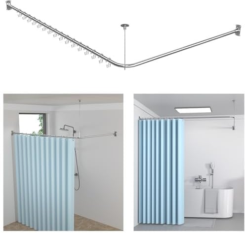 KULACO Asta per tenda da doccia a forma di L, regolabile in acciaio inox SUS304, guida per tenda da doccia, angolo 100-120 x 100-190 cm, asta doccia con 16 anelli per tenda da doccia per vasca e