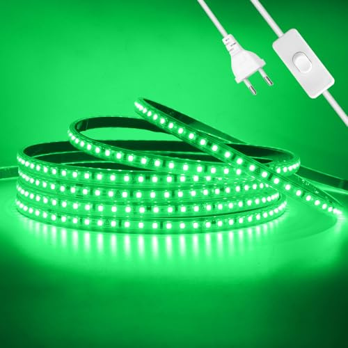 Wisada Anschluss an AC220-240V LED Streifen Selbstklebend mit ON/OFF Schalter, 2M 120LEDs/m 2835 SMD Flexible Superhell LED Band (Schnitt alle 10cm), IP65 Grün LED Leuchtband für Weihnachten