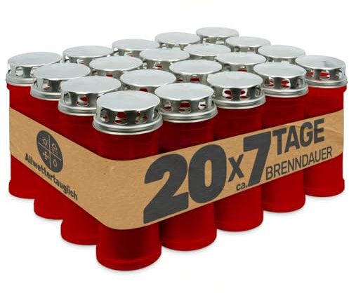 Gravidus Grabkerze rot – Lange Brenndauer von 7 Tagen, windgeschützt und langlebig, hochwertige Grabkerze aus Deutschland für dauerhafte Andacht (20 Stück)