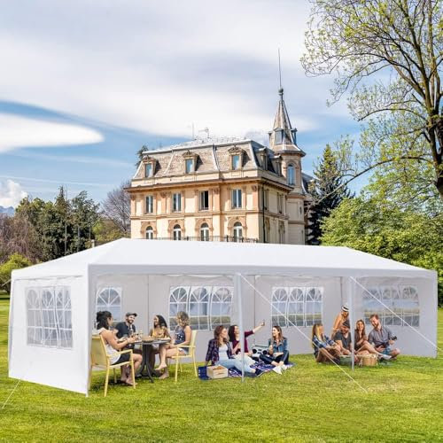 Großer Party-Pavillon, 3 m x 9 m, mit Seitenwänden und Fenstern, robustes Garten-Festzelt, Outdoor-Zelt für Veranstaltungen, Hochzeiten, Weiß, 5 Seiten