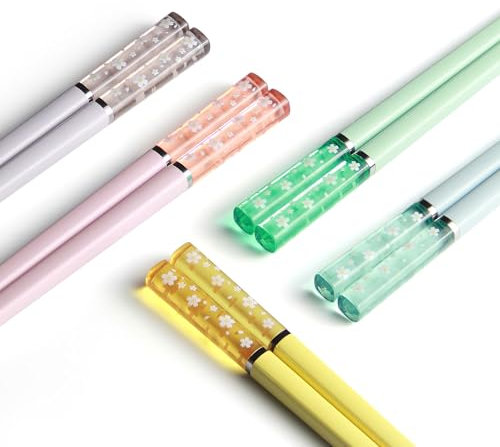 5 Pairs Fibreglass Chopsticks, 24.3cm Reusable Chopsticks, Sakura Amber Personalised Colourful Set, Dishwasher Safe, Asia Japanese China Korean Style
