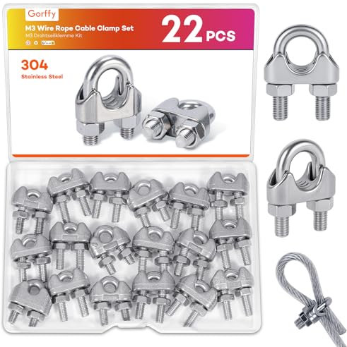 Gorffy 22PCS Wire Rope Cable Clamp, Stainless Steel Wire Rope Clip M3, Wire Ropes Clamps for Clip Ø 3mm (1/8), U Bolts Saddle Type for Tensioning Cable in Industrial & Household